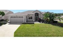 Single-story home with a two-car garage and well-manicured lawn at 27000 Nature View St, Leesburg, FL 34748