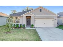 One-story home with light beige siding, dark gray door, and two-car garage at 3290 Logan Berry Dr, Mount Dora, FL 32757