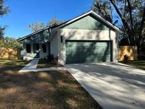 Newly constructed home with a green garage door and a fenced yard at 519 E 12Th St, Apopka, FL 32703