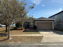 Front view of a one-story house with a brown exterior, attached garage, and landscaping at 146 Prairie Falcon Dr, Groveland, FL 34736