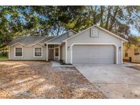 Newly renovated single story home with gray siding and a two-car garage at 3004 E Beaumont Ln, Eustis, FL 32726