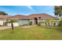 Single-story house with a brown roof, attached garage, and palm trees in the front yard at 405 Mallard Ln, Kissimmee, FL 34759