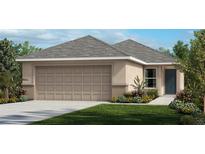 Attractive single-story home with a two-car garage and landscaped front yard at 8579 Caribbean Pine Way, Lakeland, FL 33809