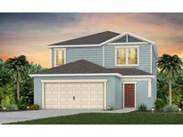 Two-story house with light blue siding, a two-car garage, and a red door at 3645 Cambridge Brook Dr, Davenport, FL 33837