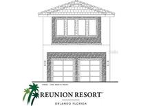 Exterior elevation of a two-story home with a two-car garage at 7632 Excitement Dr, Reunion, FL 34747