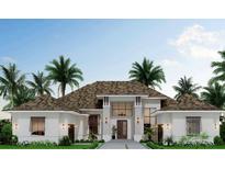 Modern coastal home with white exterior, dark roof, palm trees, and a welcoming front entrance at 17050 Medici Way, Bella Collina, FL 34756