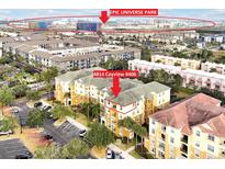 Aerial view of condo near Epic Universe, highlighting building location and parking at 4814 Cayview Ave # 40613, Orlando, FL 32819