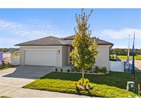 Modern one-story home with attached garage and landscaped front yard at 6109 Chorus Dr, Mascotte, FL 34753