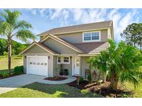 Two-story house with attached garage, landscaped yard, and palm trees at 20106 Sunset Landing Ave, Groveland, FL 34736