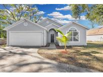 Gray house with a two-car garage and landscaping at 2080 Cobblefield Cir, Apopka, FL 32703