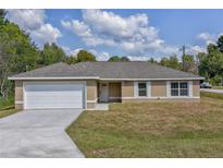 Charming one-story home with a white garage door and landscaped lawn at 13899 Sw 89Th St, Dunnellon, FL 34432