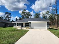 Newly built home with a two car garage and grassy yard at 480 Nw Redwood Dr, Dunnellon, FL 34431