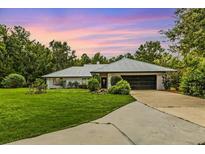 Single-story home with a metal roof, black garage door and landscaped yard at 14670 W Highway 328, Ocala, FL 34482