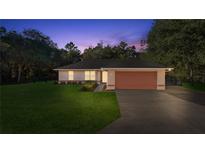 House exterior at dusk featuring a two-car garage and neat lawn at 84 Fisher Way Trl, Ocklawaha, FL 32179