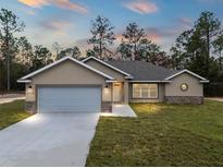 Newly constructed one-story home with attached garage and landscaped lawn at 12724 Sw 78Th Pl, Dunnellon, FL 34432