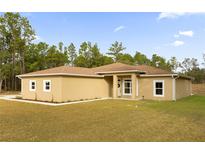 Single-story home with light brown exterior, a covered entryway, and a neatly landscaped yard at 12205 Sw 71St Lane Rd, Ocala, FL 34481