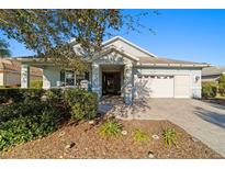 One-story home with light blue exterior, paved driveway, and landscaped front yard at 8706 Sw 88Th Pl, Ocala, FL 34481