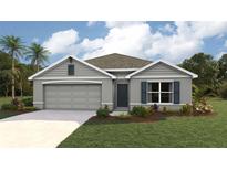 Exterior elevation of a single-story home with a gray facade, two-car garage, and landscaped yard at 7234 Se 113Th Ln, Belleview, FL 34420