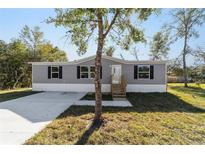 Gray manufactured home with a concrete driveway and landscaped lawn at 18478 Se 58Th Pl, Ocklawaha, FL 32179