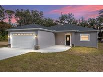 Gray house with white garage door and black front door, newly built at 39926 Parkinsonia St, Lady Lake, FL 32159