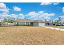 Single-story house with a green exterior and a white garage door at 3648 Sw 131St Place Rd, Ocala, FL 34473