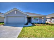 Gray house with a two-car garage and landscaped yard at 1261 Tagliamento Ln, Haines City, FL 33844