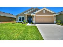 Tan house with a two-car garage, landscaping, and a well-maintained lawn at 507 Tanaro Ln, Haines City, FL 33844