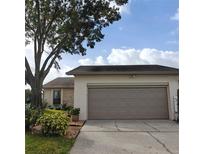 Attached garage with taupe overhead door and landscaping at 4163 Pirates Lndg, Winter Haven, FL 33884