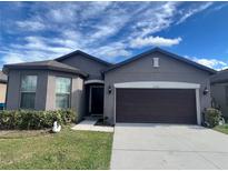 Gray house with dark brown garage door and landscaping at 8581 Rindge Rd, Polk City, FL 33868