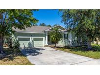 Light green house exterior with 2-car garage and landscaping at 3260 Marshfield Preserve Way, Kissimmee, FL 34746