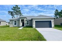 New construction home with gray exterior, two-car garage, and landscaped lawn at 274 Elm Ct, Kissimmee, FL 34759