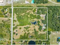 Aerial view of a large lot with mature trees and a pond at 1235 Hackney Rd, St Cloud, FL 34771