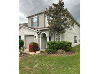 Two story house with gray exterior, landscaping, and red flowers at 2480 Hassonite St, Kissimmee, FL 34744