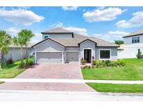 Two-story house with gray exterior, two-car garage, and landscaped yard at 3875 Bowfin Trl, Kissimmee, FL 34746