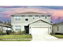 Two-story house with light green vinyl siding, white trim, and a two-car garage at 4963 Royal Point Ave, Kissimmee, FL 34746