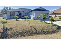 One-story home with gray exterior, landscaping, and a two-car garage at 320 Anchovie Ct, Kissimmee, FL 34759