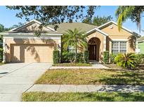 Tan one-story house with a two-car garage and lush landscaping at 9650 Bay Pine Ln, Orlando, FL 32832