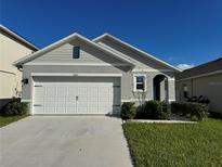 Two-car garage and well-manicured lawn at 2843 Turnstone Run, Harmony, FL 34773
