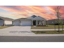 Two-story house with two-car garage, landscaped yard, and sunset in background at 2937 Hooded Crane Cv, Harmony, FL 34773