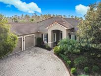 Single-story home with tile roof, two-car garage, and landscaped front yard at 542 Viterra Ct, Kissimmee, FL 34759