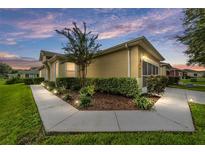 Tan house with walkway, landscaping, and outdoor lighting at 7067 Sw 91St Ct, Ocala, FL 34481