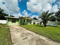 Ranch-style home with a green exterior, driveway, and palm tree at 6004 Hilltop E Ln, Lakeland, FL 33809