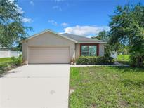 Tan one-story house with a two-car garage and manicured lawn at 5411 Great Egret Dr, Leesburg, FL 34748
