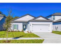 New single-story home with white exterior, two-car garage, and landscaping at 13486 Leaping Water Way, Astatula, FL 34705