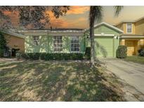 Green house with a green garage door, driveway, and landscaping at 1111 Royal Ridge Dr, Davenport, FL 33896