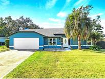 Beautiful blue house with a white garage door and well-manicured lawn at 4417 Orangewood W Loop, Lakeland, FL 33813