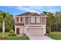 Two-story house with taupe vinyl siding, a two-car garage, and a neatly landscaped lawn at 2916 Transformation Way, Clermont, FL 34714