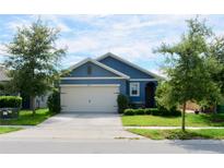 Blue house with a beige garage door and landscaping at 226 Meghan Cir, Deland, FL 32724