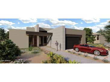 Modern home exterior with clean lines, neutral colors, and a two-car garage at 28048 N 109Th Way, Scottsdale, AZ 85262