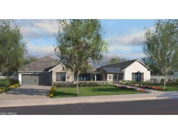 Modern farmhouse style home with attached garage and landscaping at 7532 E Laredo Ln, Scottsdale, AZ 85250